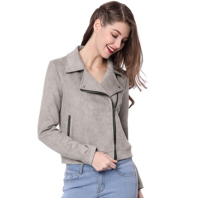 Allegra K Women's Convertible Collar Zip Up Soft Faux Suede Biker Moto ...