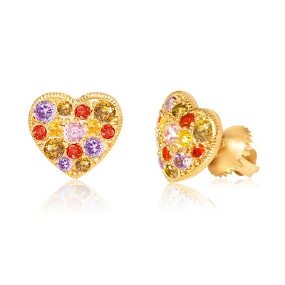 Chanteur Hypoallergenic Kids Jewelry Accessories Heart Multi-color CZ Yellow Gold Brass Plating Stud Earrings Surgical Titanium Posts