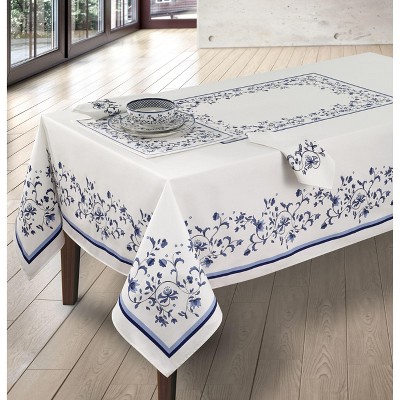 Blue and White Floral Cotton Polyester Tablecloth