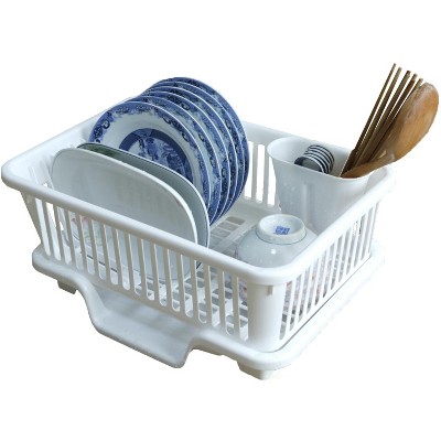 Basicwise Plastic Dish Rack with Drain Board and Utensil Cup