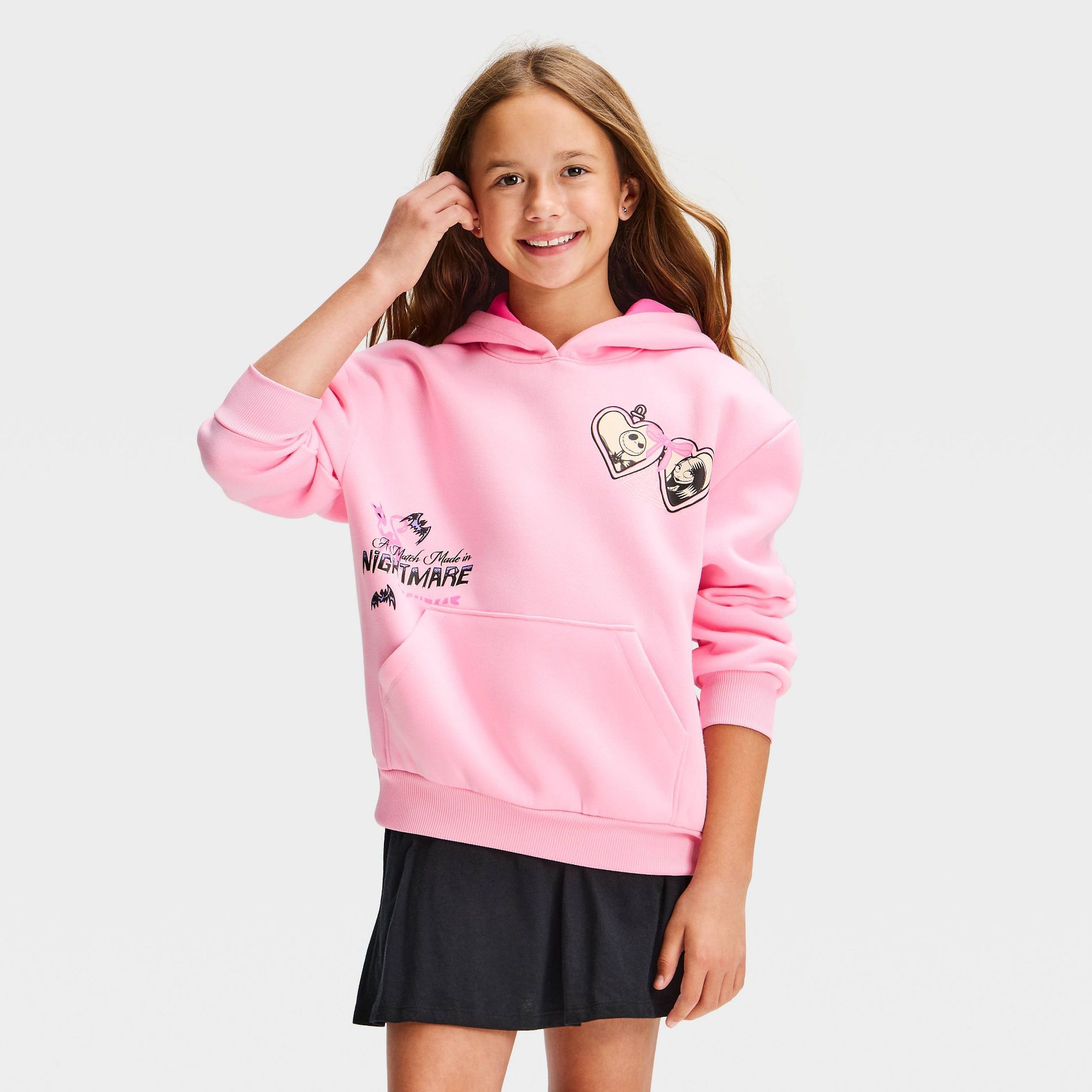 Girls' Disney The Nightmare Before Christmas Hooded Halloween Front & Back Graphic Sweatshirt - Pink