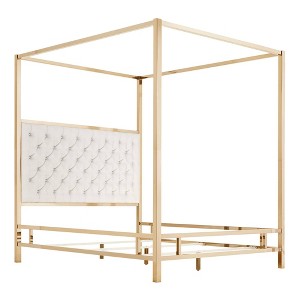 Full Manhattan Champagne Gold Canopy Bed with Diamond Tufted Headboard White - Inspire Q
