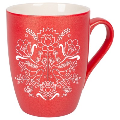 Elanze Designs Damask Threaded Floral Birds Crimson Red 10 ounce New Bone China Coffee Cup Mug