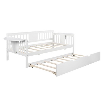 NicBex Twin Size Daybed with Trundle, Wooden Day Bed Frame with Foldable Shelves Safety Guardrail, No Box Spring Needed