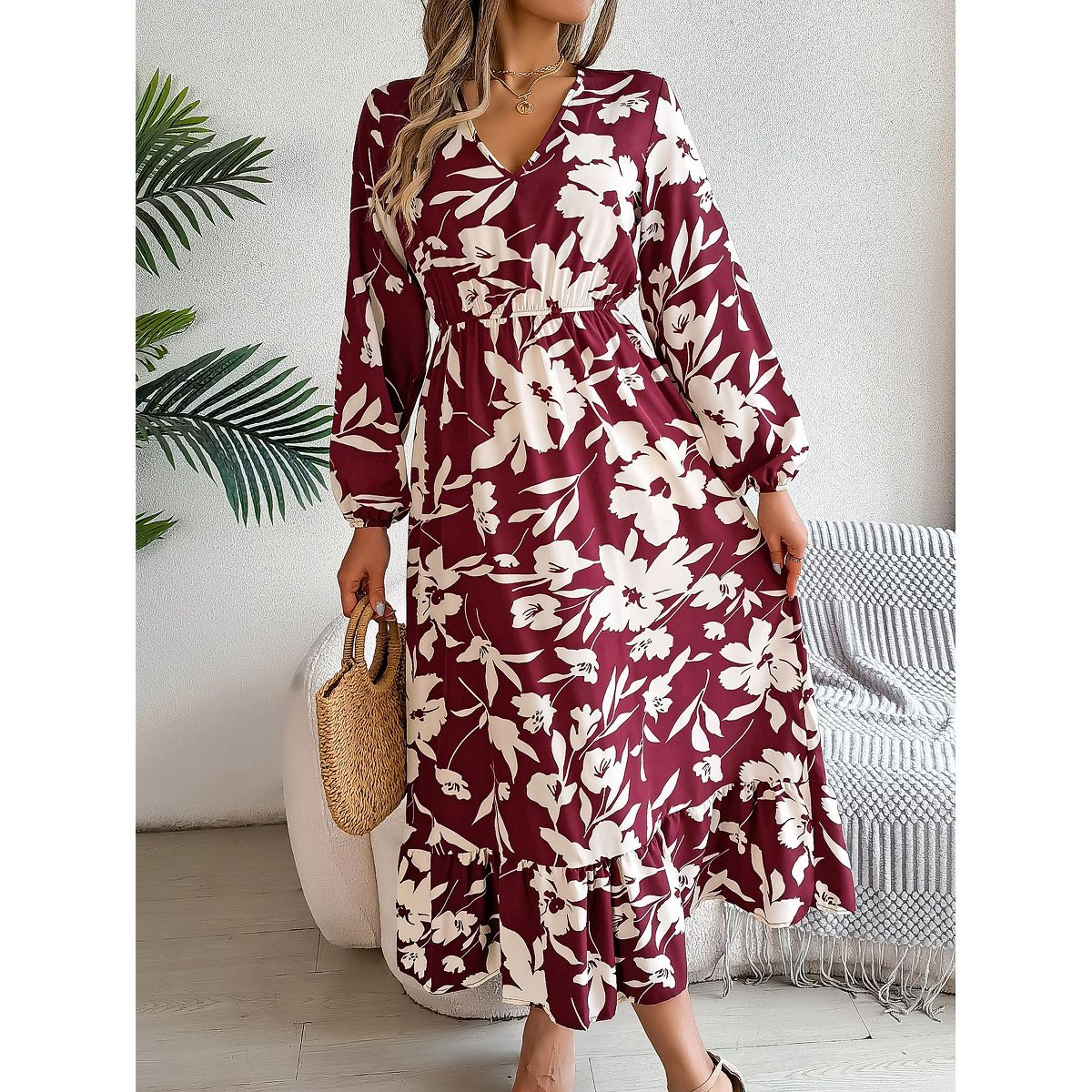 Женские платья YesFashion Women's Dresses Long Sleeve V Neck Ruffle Casual Floral Print Midi Dress,L,Wine Red — фото 4
