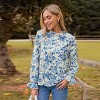 Women's Blue Floral Ruffle Standing Collar Poet Sleeve Blouse - Cupshe - image 2 of 4