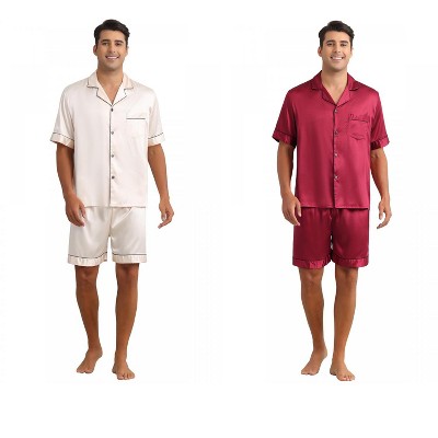 INSPIRE CHIC Men's 2 Pack Satin Pajamas Set Classic Short Sleeve Loungewear