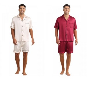 INSPIRE CHIC Men's 2 Pack Satin Pajamas Set Classic Short Sleeve Loungewear - 1 of 4
