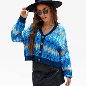 Womens Argyle Knit Sweater Cardigan Cropped Batswing Sleeve Color Block Christmas Festive Cardigan Nordic Sweater Caridgan Front Button Sweater Shrugs - 1 of 4