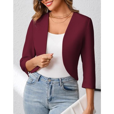 Womens Cropped Blazer Casual Business 3/4 Sleeve Collarless Open Front Cardigan Work Jacket Shrug