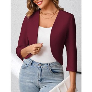 Womens Cropped Blazer Casual Business 3/4 Sleeve Collarless Open Front Cardigan Work Jacket Shrug - 1 of 4