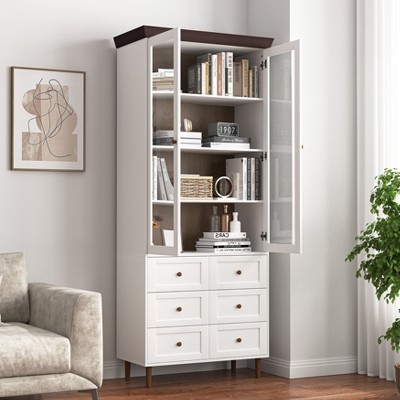 VYNXARIA Modern White MDF Display Storage Cabinet with Glass Doors and Adjustable Shelves