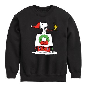 Boys' - Peanuts - Snoopy & Woodstock House Sleigh Graphic Long Sleeve Fleece Sweatshirt - 1 of 4