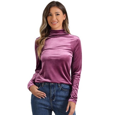 Allegra K Women's Solid Turtleneck Velvet Long Sleeve Work Basic Velour Blouse