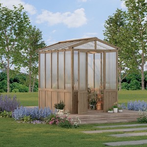 8x13FT Greenhouse Kit with Pergola, Wooden Greenhouse with Cedar Frame, Greenhouses with Roof Vent, Wood and Polycarbonate Walk-in Greenhouses - 1 of 4