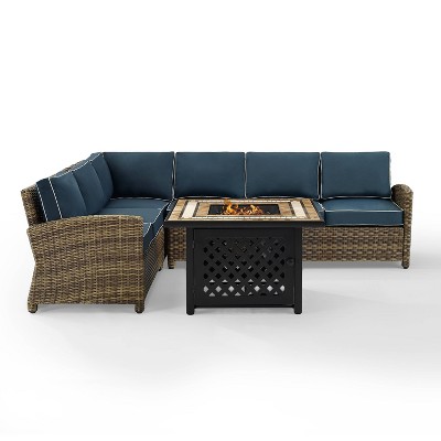 Bradenton 5pc Outdoor Wicker Sectional Set with Fire Table - Navy - Crosley