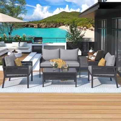 4-Piece Boho Woven Rope Patio Furniture Set,Metal Frame Backyard Seating Set,Cushion Outdoor Patio Conversation Set with Glass Table-Coolbibila