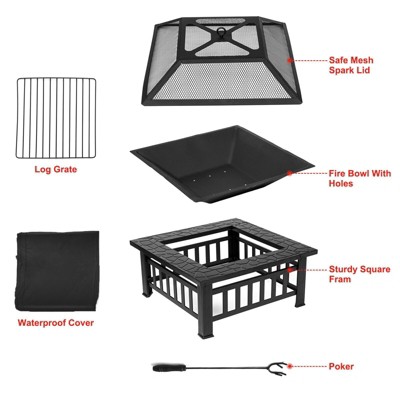 32-Inch Black Square Metal Wood Burning Fire Pit Table