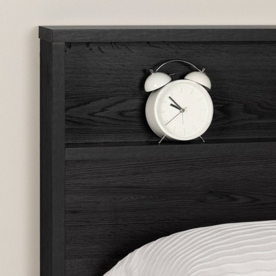 Gray Oak Queen Platform Bed with Upholstered Headboard and Drawer