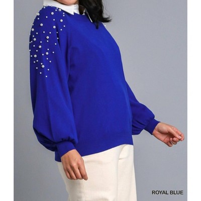 Women's Round Neck Pullover Sweater With Long Sleeve Pearl Details - umgee