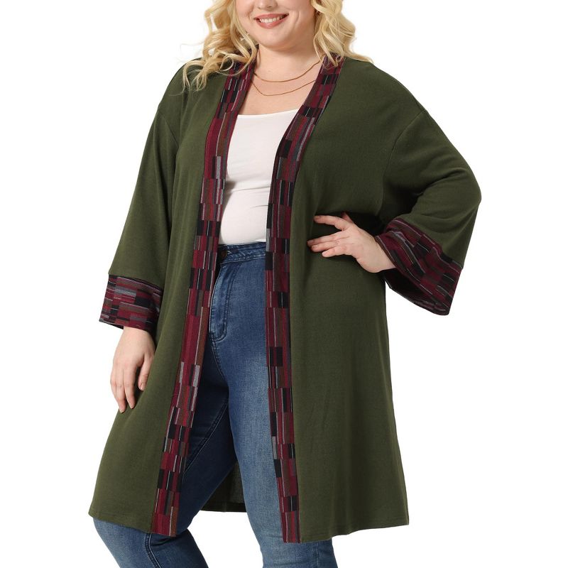 Agnes Orinda Women's Plus Size Contrast Placket Sleeves Knit Open Front Cardigans, 1 of 6