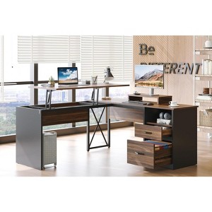 Bestier 55''Lift Top L Shaped Desk with File Drawer, Office Desk with Reversible Storage Drawer and Sit to Stand Computer Desk With Monitor Stand - 1 of 4