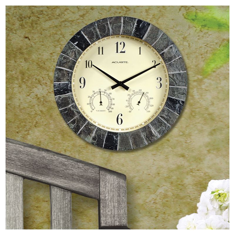 14" Outdoor / Indoor Wall Clock with Thermometer and Humidity - Faux Slate Finish - Acurite, 3 of 5