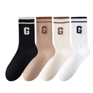 Anna-Kaci Women's 4-Pair Pack Ribbed Cotton Crew Socks with Striped Cuffs and G Letter Detail in Neutral Athletic Color Combinations - 1 of 4