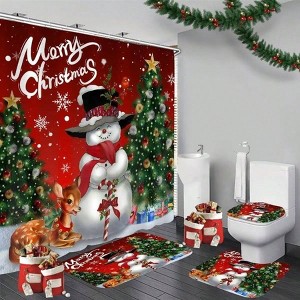 4Pcs Retro Snowman Shower Curtain Set, Winter Bathroom Decor with Rugs and Mats 70.8" L X 70.8" W - 1 of 4