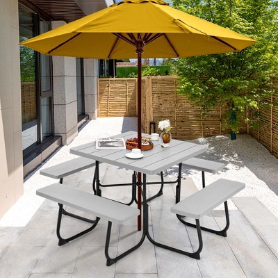 Gray HDPE Outdoor Square Picnic Table with 4 Benches and Umbrella Hole