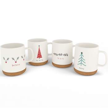 American Atelier Christmas Coffee Mug Set With Cork Bottoms, Fine Stoneware, Set Of 4 Motifs in White, 15 Oz