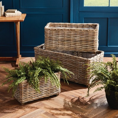 Set of 3 Natural Rattan Rectangular Planters