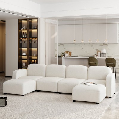 Whisen Modular Sectional Sofa, U-shaped Velvet Cloud Couch set with Ottomans, Free Combination - Cream