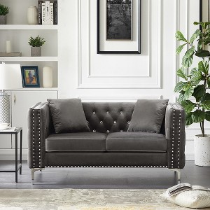 Modern Velvet Loveseat Sofa, With Jeweled Buttons, Square Arm, 2 Pillows, Comfortable Upholstered Sofa, For Living Room Bedroom Apartment - 1 of 4