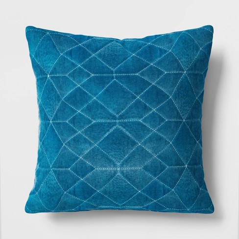 Geometric Velvet Pillow Cover with Orange, Blue & Off White Colours, Front side is 100% outlet Silk Velvet, Back side is Blue Fabric, OEKO-TEX®