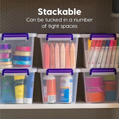 Clear and Purple Stackable BPA-Free Plastic Storage Bins with Handles, 5.4 Quart, 6 Pack