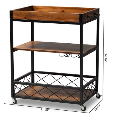 Capri Rustic Oak and Black Metal Mobile Bar Cart with Wine Storage