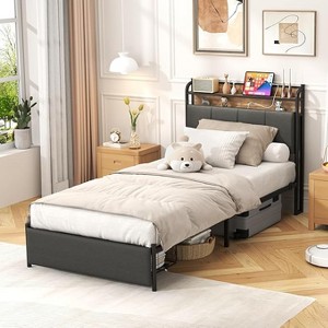 ALEXOUN Platform Bed with 2 Tier Storage Headboard & Storage Basket at the End of Bed,No Box Spring Needed,(Only Includes Bed Frame) - 1 of 4