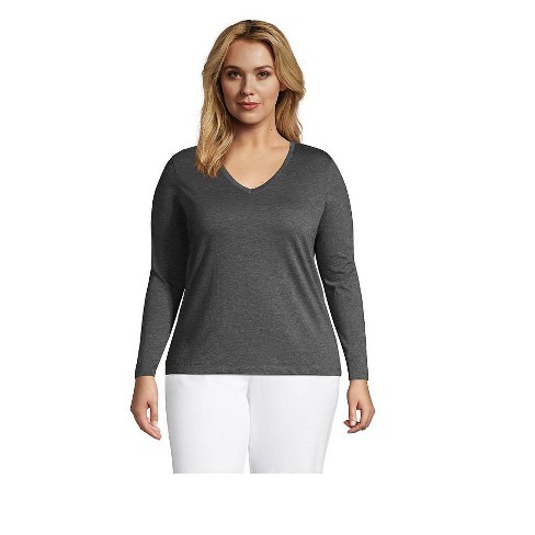 Lands' End Women's Plus Size Relaxed Supima Cotton Long Sleeve V-neck T ...