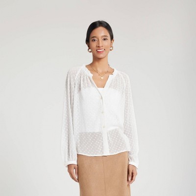 Women's Long Sleeve V-Neck Chiffon Blouse - A New Day™ White Jacquard XS