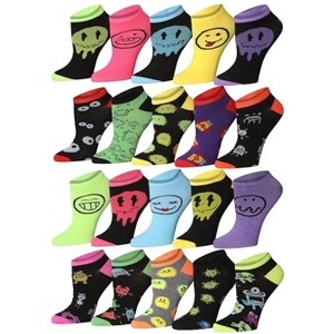 Women's 20 Pairs Fun Funky Emoji Featuring Yellow Pink Green Violet Low Cut/No Show Socks - 1 of 4