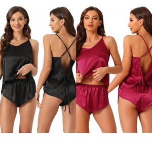 INSPIRE CHIC Women's 2 Pcs Satin Pajama Lingerie Pjs Tops with Shorts Lounge Sets Silky Cami Pajama Sets - 1 of 4
