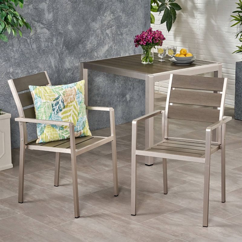 Cape Coral 2pk Aluminum Dining Chair with Faux Wood Seat - Silver/Gray - Christopher Knight Home, 3 of 7
