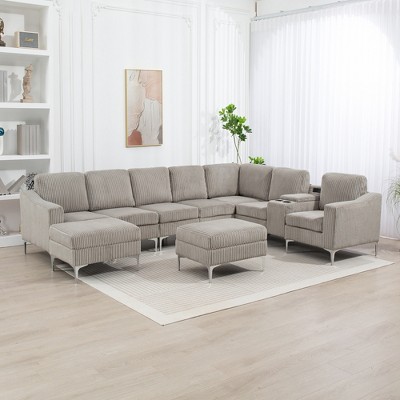 129.14" Convertible Corduroy Modular Sectional Sofa with 2 Storage Ottoman, Console and USB Ports