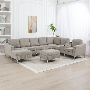 129.14" Convertible Corduroy Modular Sectional Sofa with 2 Storage Ottoman, Console and USB Ports - 1 of 4