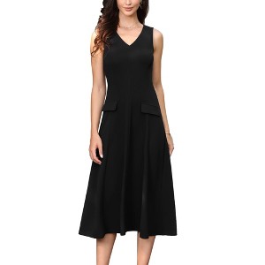 INSPIRE CHIC Women's Business Office V Neck Sleeveless Faux Pockets A-Line Midi Dresses - 1 of 4