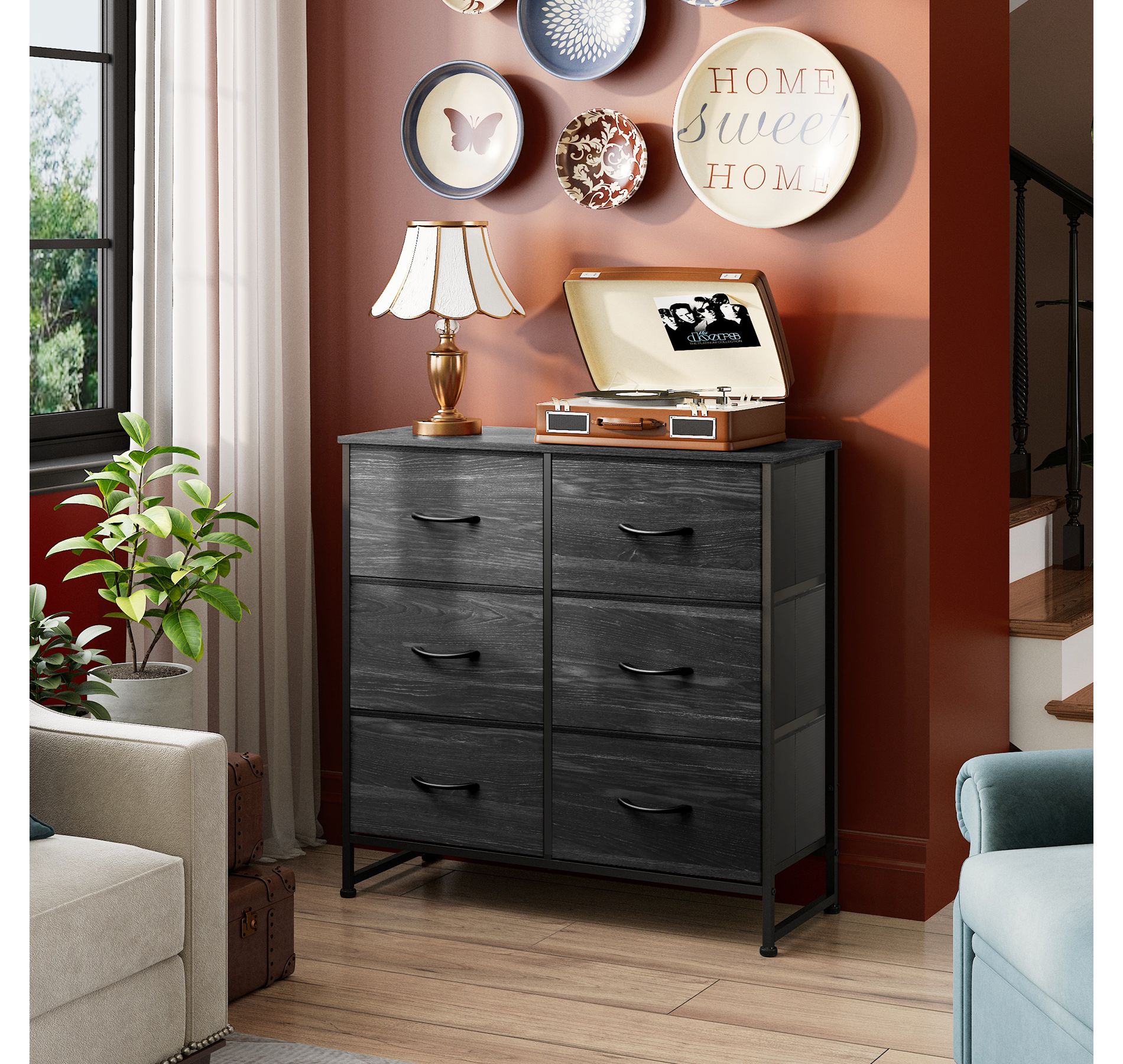 DEXYLLO Dresser for Bedroom, 6 Drawer Storage Chest, Fabric Tower with Bins, Charcoal Black Wood Grain Print