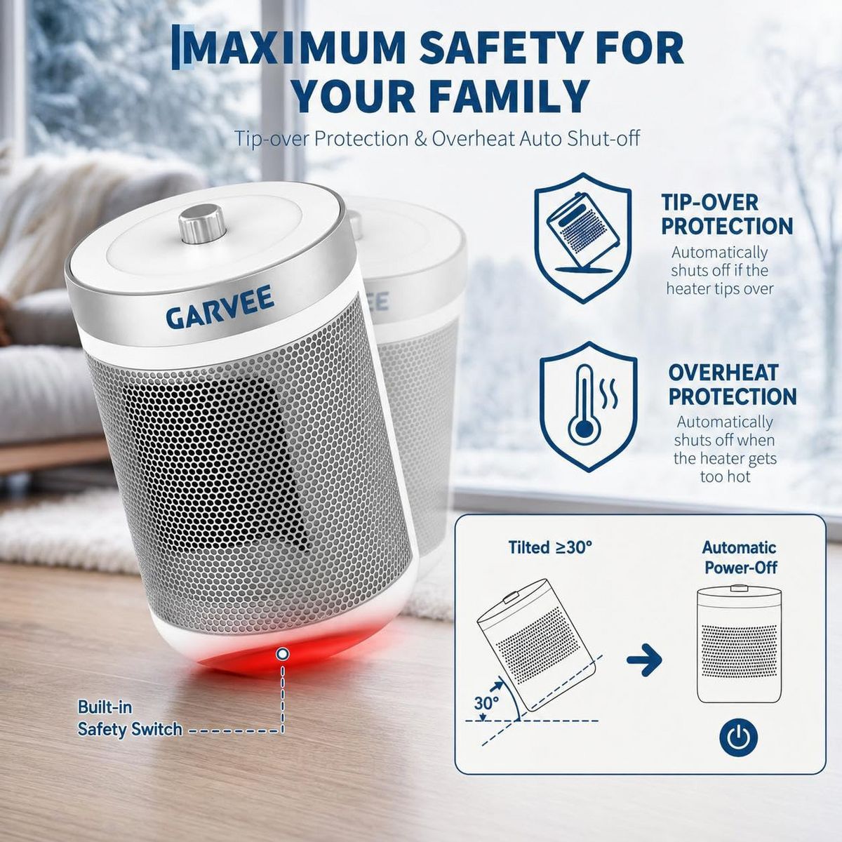 Garvee Ceramic 600W Heater Portable Heater, Adjustable Thermostat, Overheat & Tip-Over Protection, Quiet Fan Heater - thumbnail 2