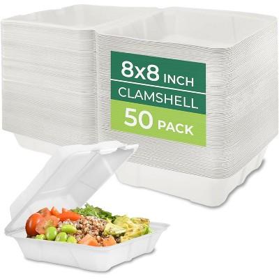 50-Pack 8x8" Compostable Clamshell Food Containers, Sugarcane, Microwave Safe