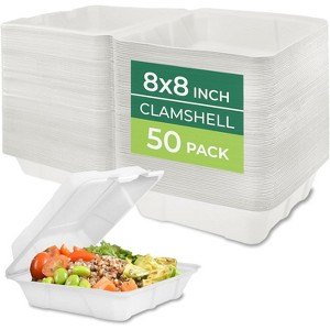 50-Pack 8x8" Compostable Clamshell Food Containers, Sugarcane, Microwave Safe - 1 of 4